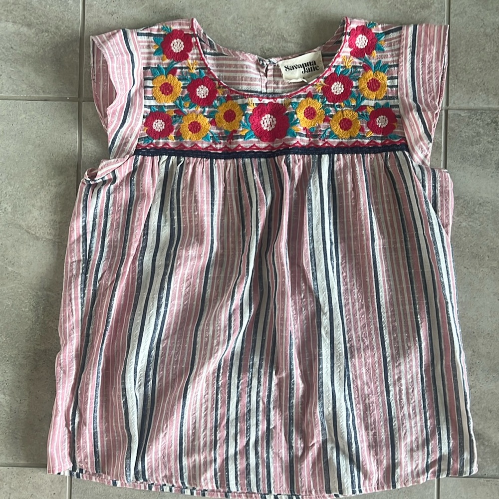 Savanna Jane Size Large Short Sleeve Shirt Striped Embroidered Blouse